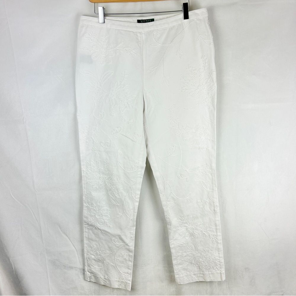 LAUREN RALPH LAUREN White Floral Embroidered Straight Leg Pants Sz‎ 10 Cotton